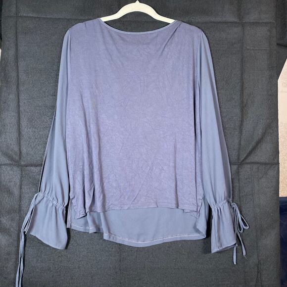 Loft Women Blouse Purple Gray Cold Shoulder Crew Neck Tie Bell Sleeve Large - Picture 11 of 14